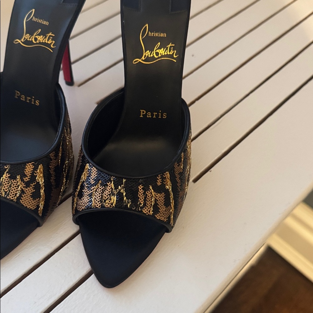 Christian Louboutin Black and Gold Mules - Picture 2 of 6